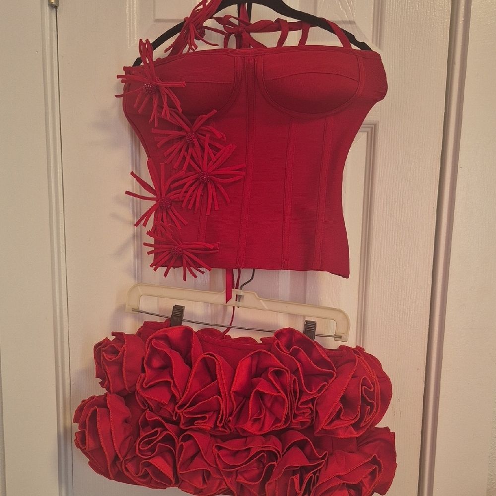 Red Strapless Corset Top and Skirt Set New Not Worn